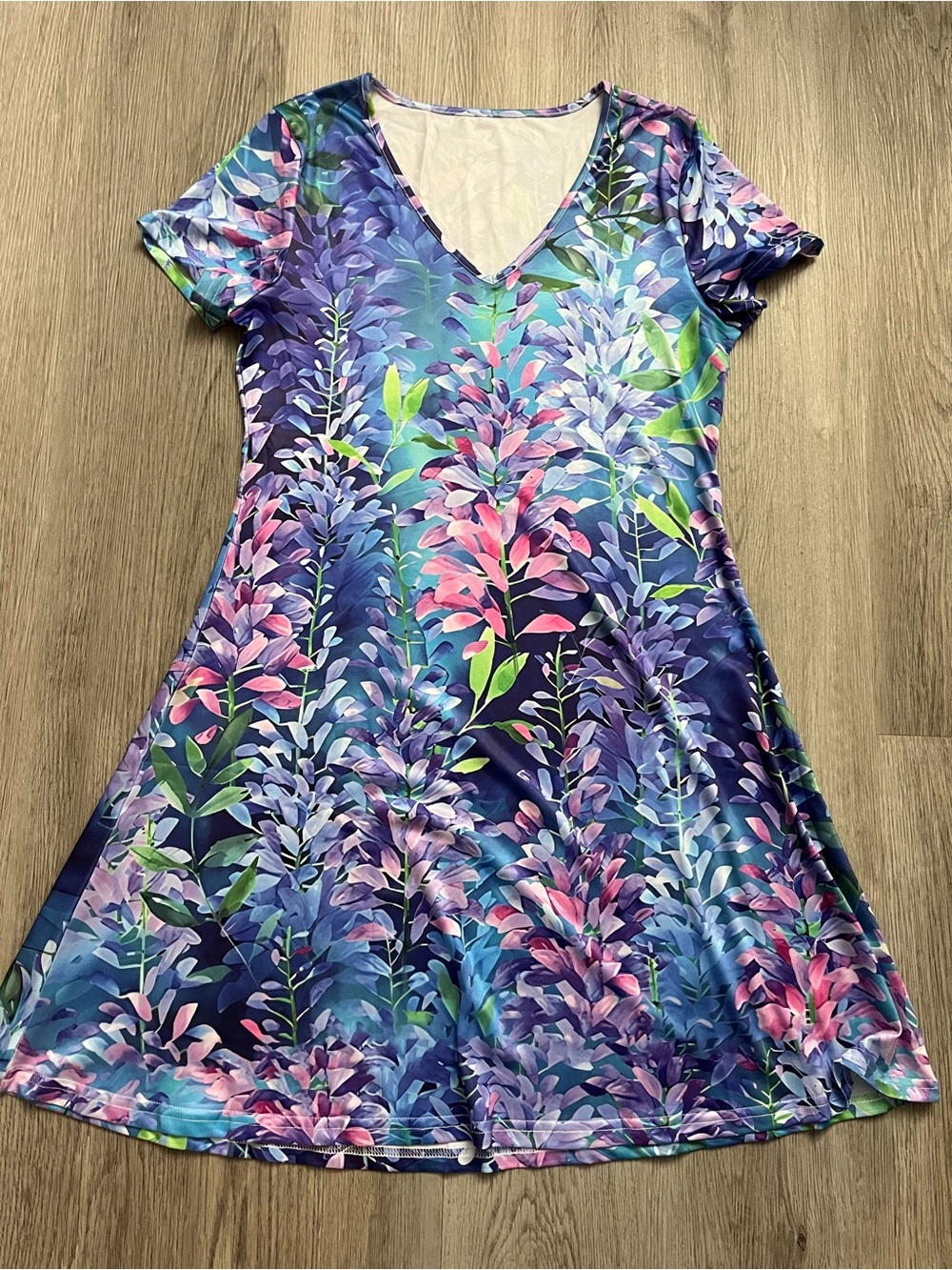 🔥323–Floral V-Neck Purple & Pink A-Line Dress